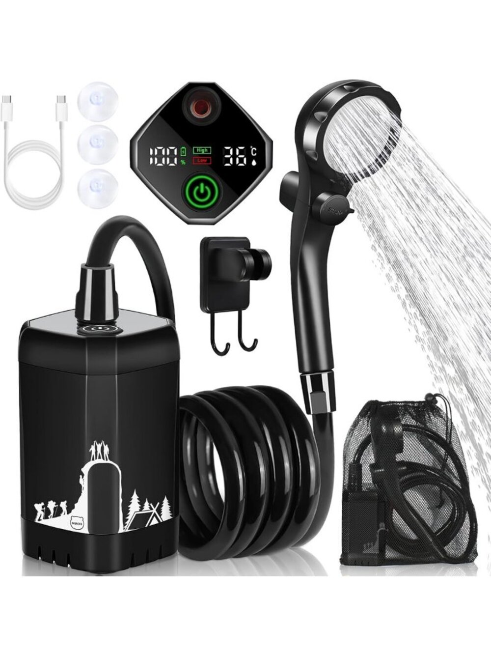 7800mAh Portable Camping Shower with Digital Display & Temperature Control